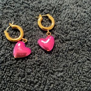Betsey Johnson Gold Tone Hoops With Fuchsia Hearts